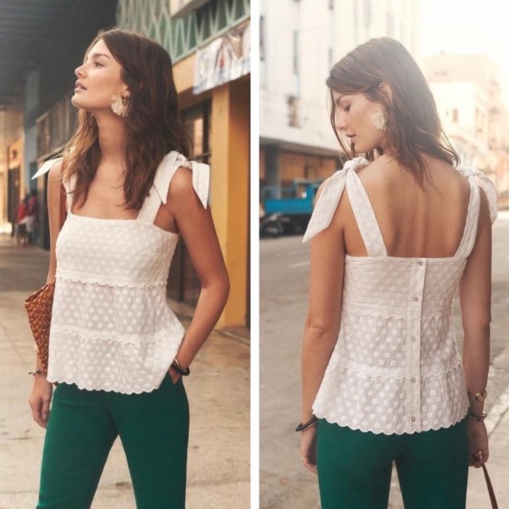 Sezane Sonia Ocru White Embroidered Tank Blouse Size 38 US Size 6